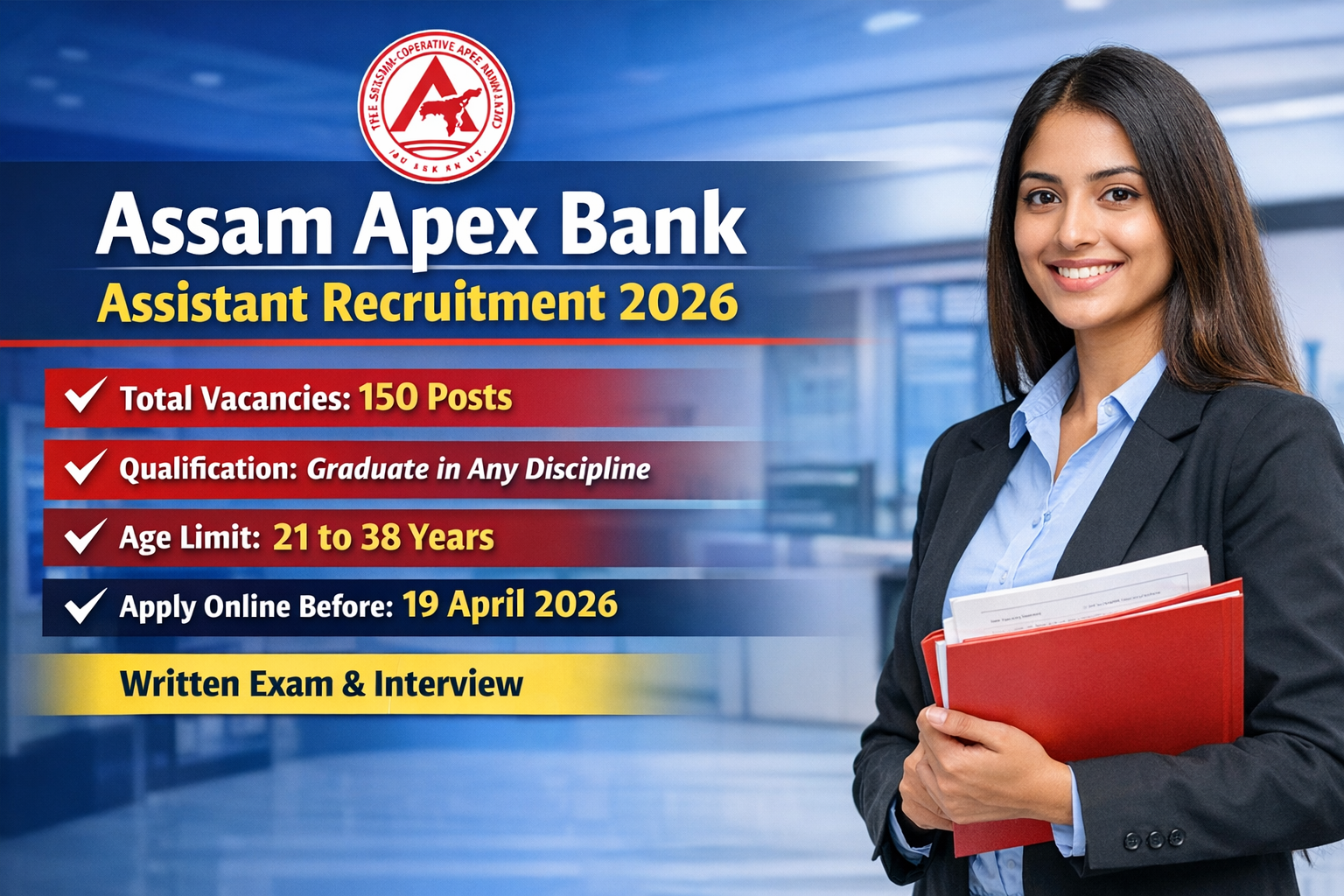 Assam Apex Bank Assistant Vacancy 2026 – 150 Posts, ₹18,730 Salary, Apply Now